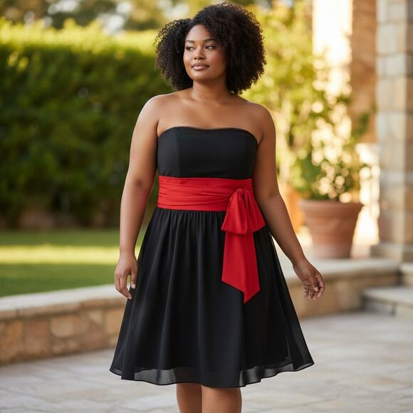 Alfred Angelo Black Red Sash Strapless Dress Size 12 Designer - Picture 1 of 6